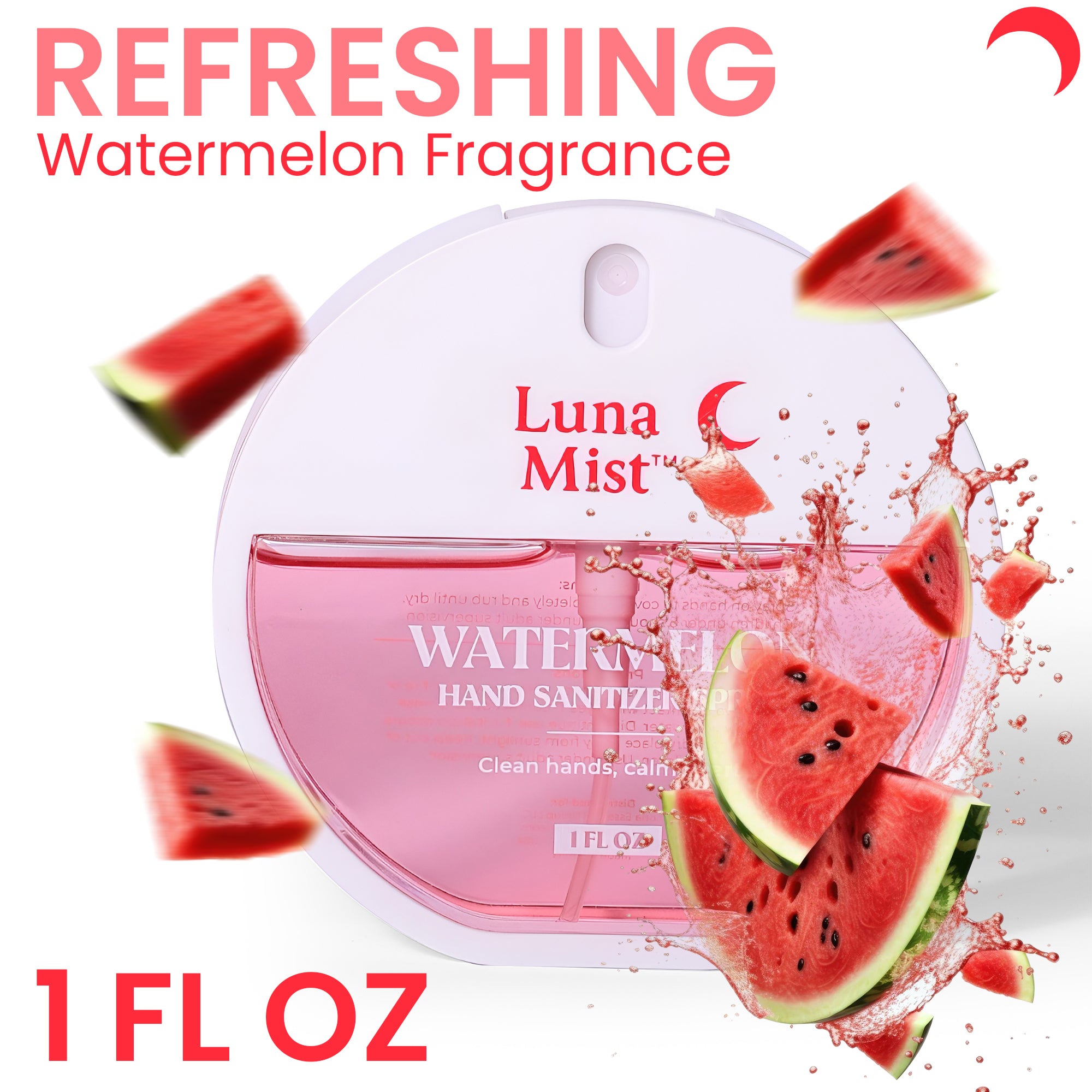 Luna Mist watermelon hand sanitizer with watermelon slices on a white background