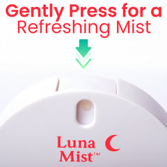 Luna Mist device with instructions to gently press for a refreshing mist on a white background.