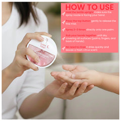 Hand sanitizer being applied to hands with usage instructions displayed.