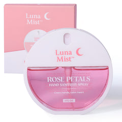 Luna Mist Rose Petals hand sanitizer spray with packaging on a white background