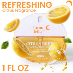 Luna Mist citrus fruit hand sanitizer spray with lemons and lime on a white background