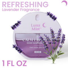 Luna Mist Calm Lavender hand sanitizer with lavender flowers on a white background