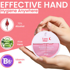 Luna Mist watermelon hand sanitizer spray with ingredients and benefits on a pink background
