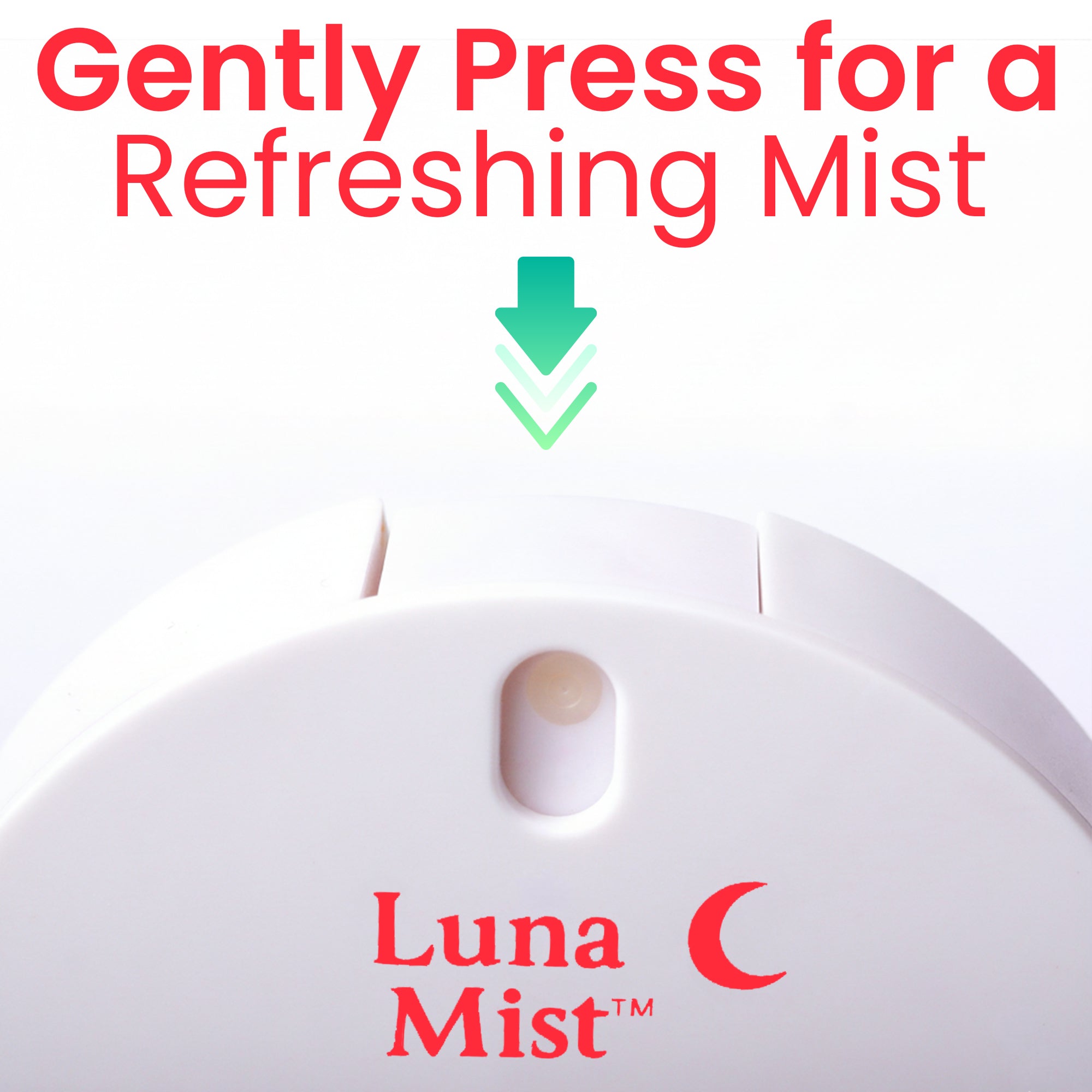 Luna Mist device with instructions to gently press for a refreshing mist on a white background. 