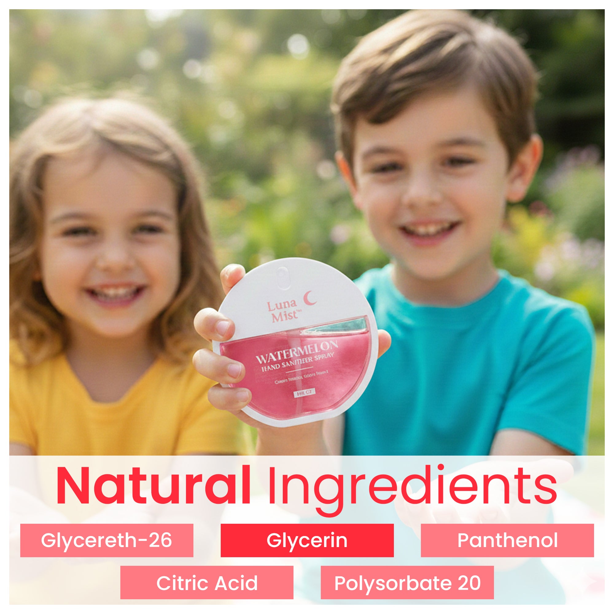 Two children holding a product with natural ingredients listed below. 