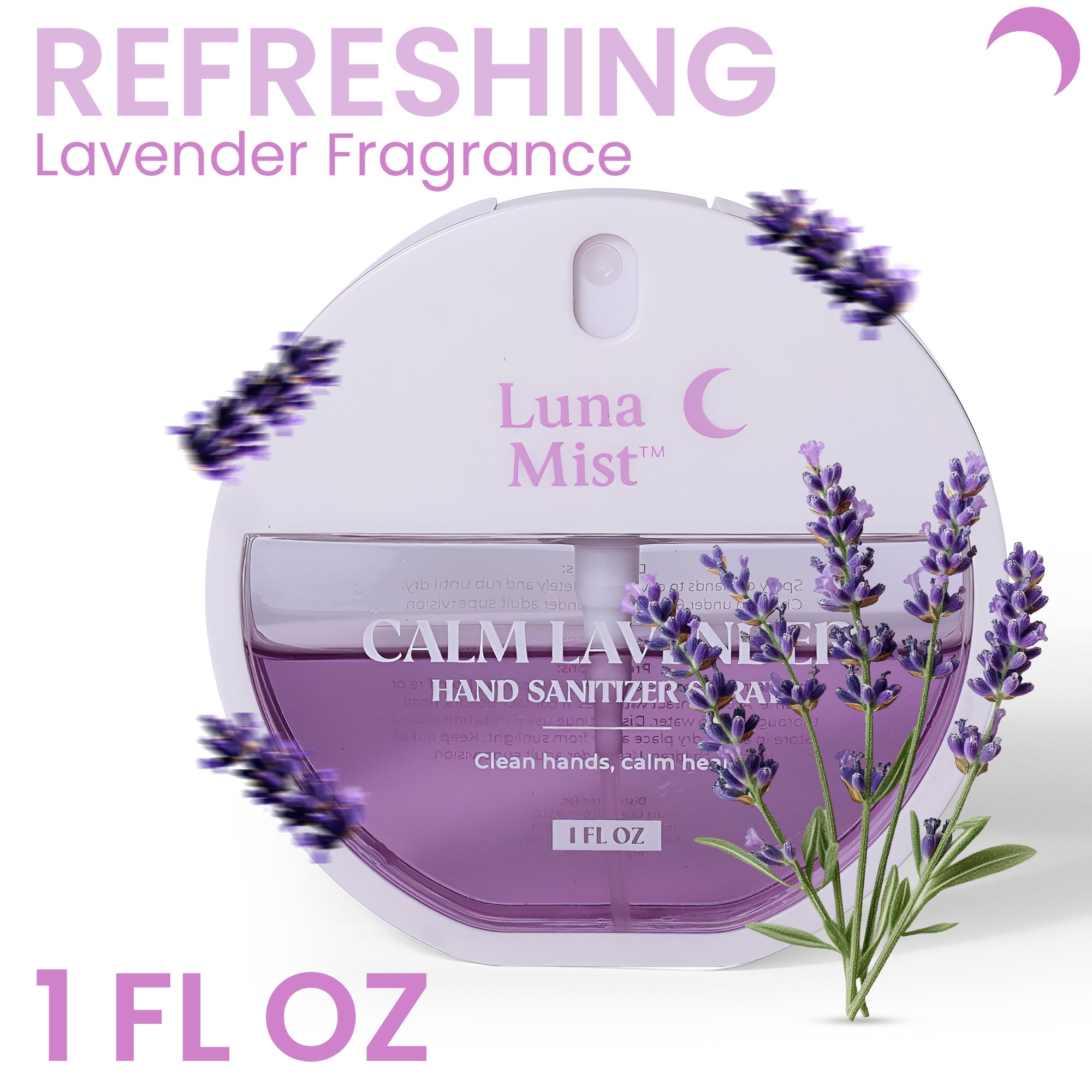 Luna Mist Calm Lavender hand sanitizer with lavender flowers on a white background