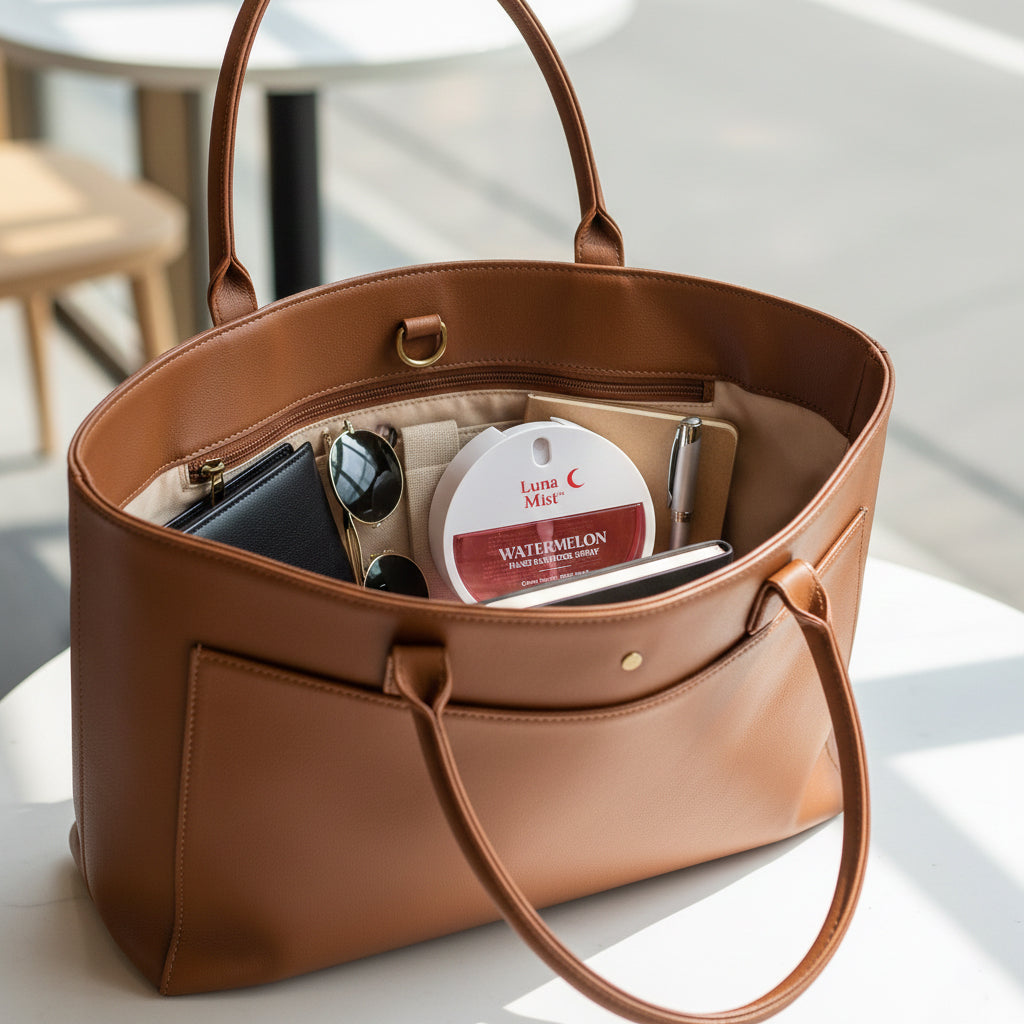 Brown leather handbag with various items on a light surface