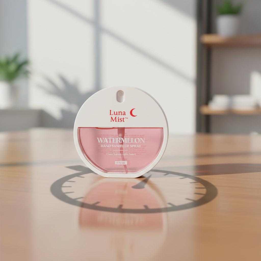Luna Mist watermelon scented product on a wooden surface with a blurred background