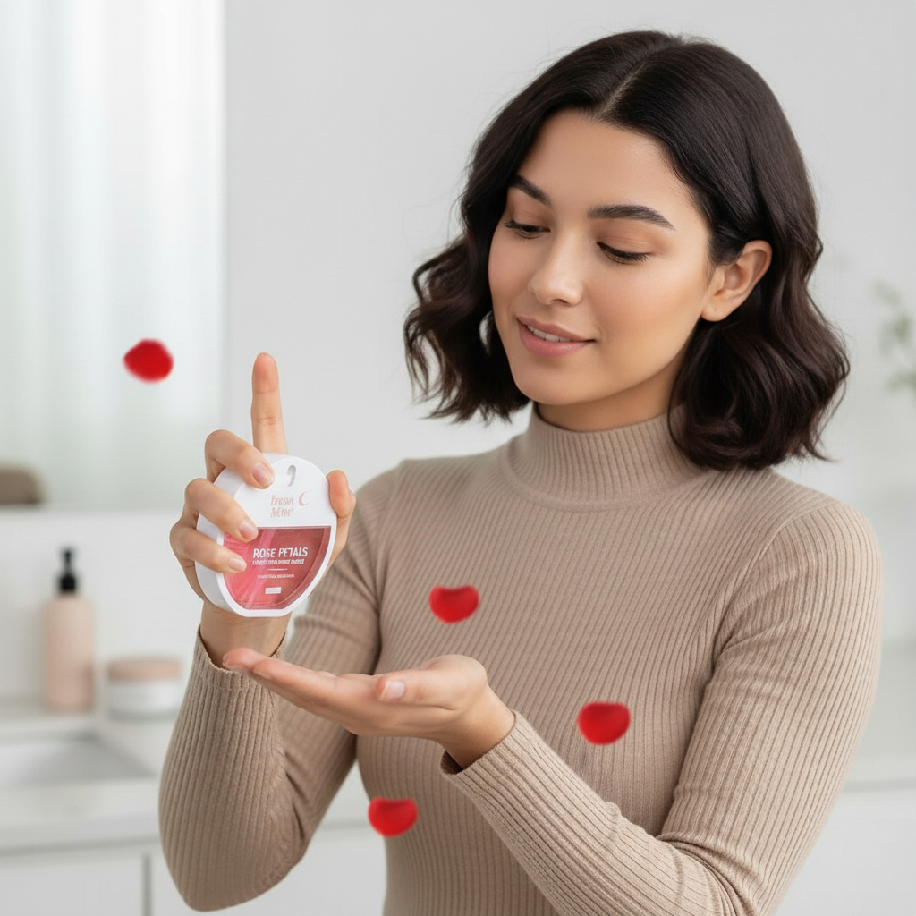 Woman holding a product with red hearts and Wearing a beige sweater